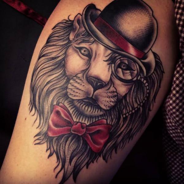 Lion in Bowler Hat tattoo by Sarah B Bolen