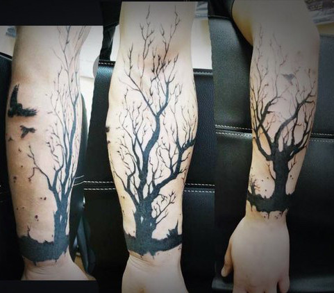 Lonely Tree and Ravens Blackwork tattoo