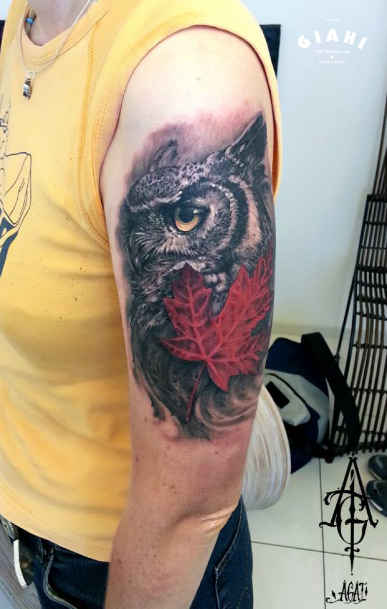 Maple Leaf Owl Realistic tattoo by Agat Artemji