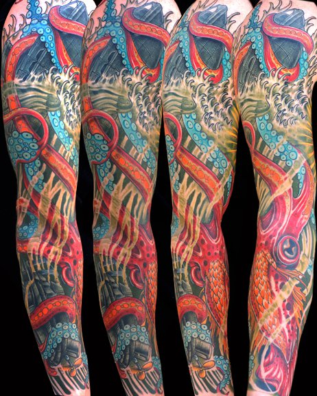 Octopus Nautical tattoo sleeve by Three Kings Tattoo