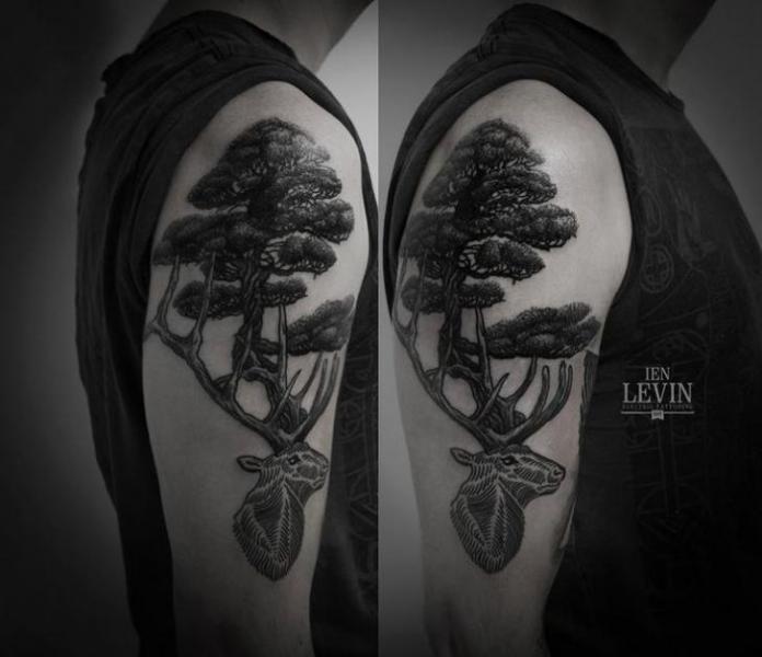 Old Oak Between Horns Stag Dotwork tattoo