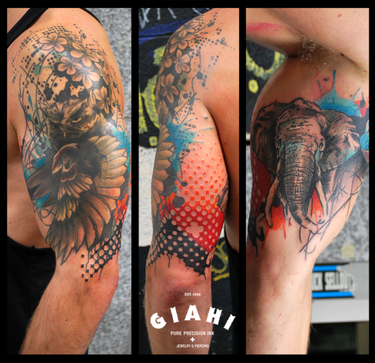 Owl and Elephant tattoo by Live Two