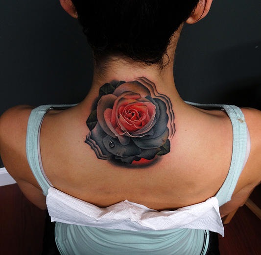 Pink And Grey Rose tattoo by Andres Acosta on Back of Neck