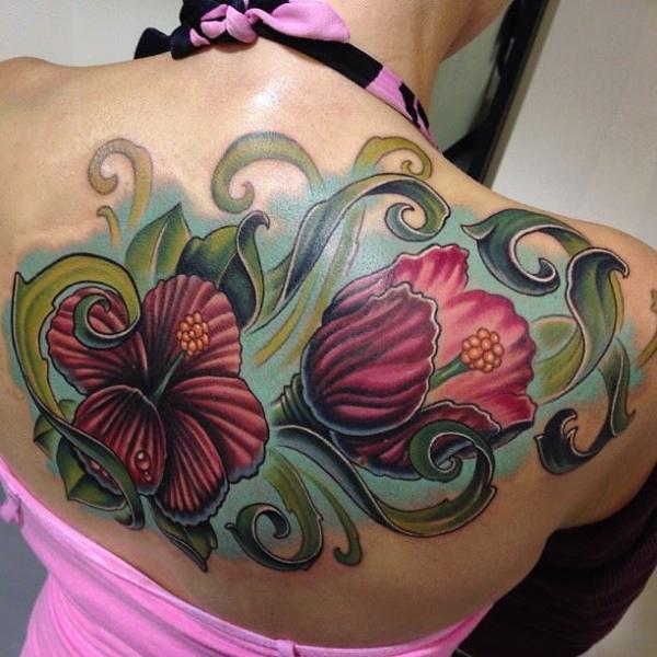 Pink Back Flowers tattoo by Mike Woods