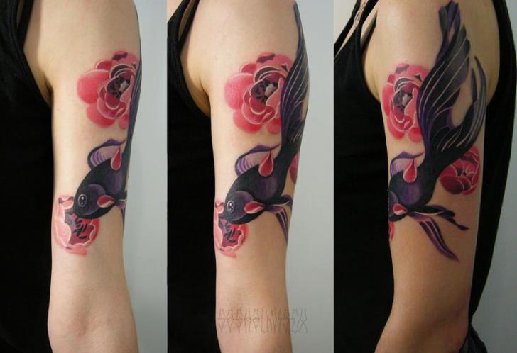 Pink Flowers Black Fish tattoo by Sasha Unisex