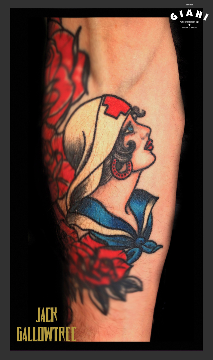 Red Cross Sailor Girl tattoo by Jack Gallowtree