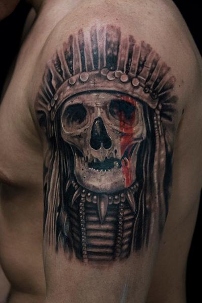 Red Paint Eye Indian Scull tattoo by Mumia Tattoo