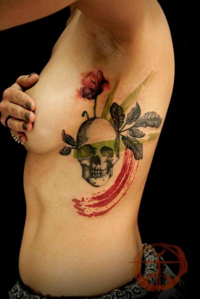 Red Poppy Dotwork Scull tattoo by Galata Tattoo