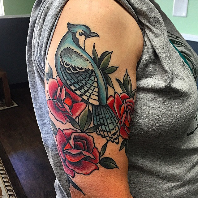 Roses and Blue Bird Shoulder tattoo by Robert Samuel