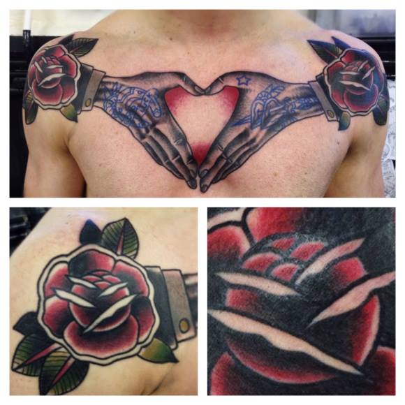 Roses on Shoulders and Hands Heart New School tattoo by Matt Cooley