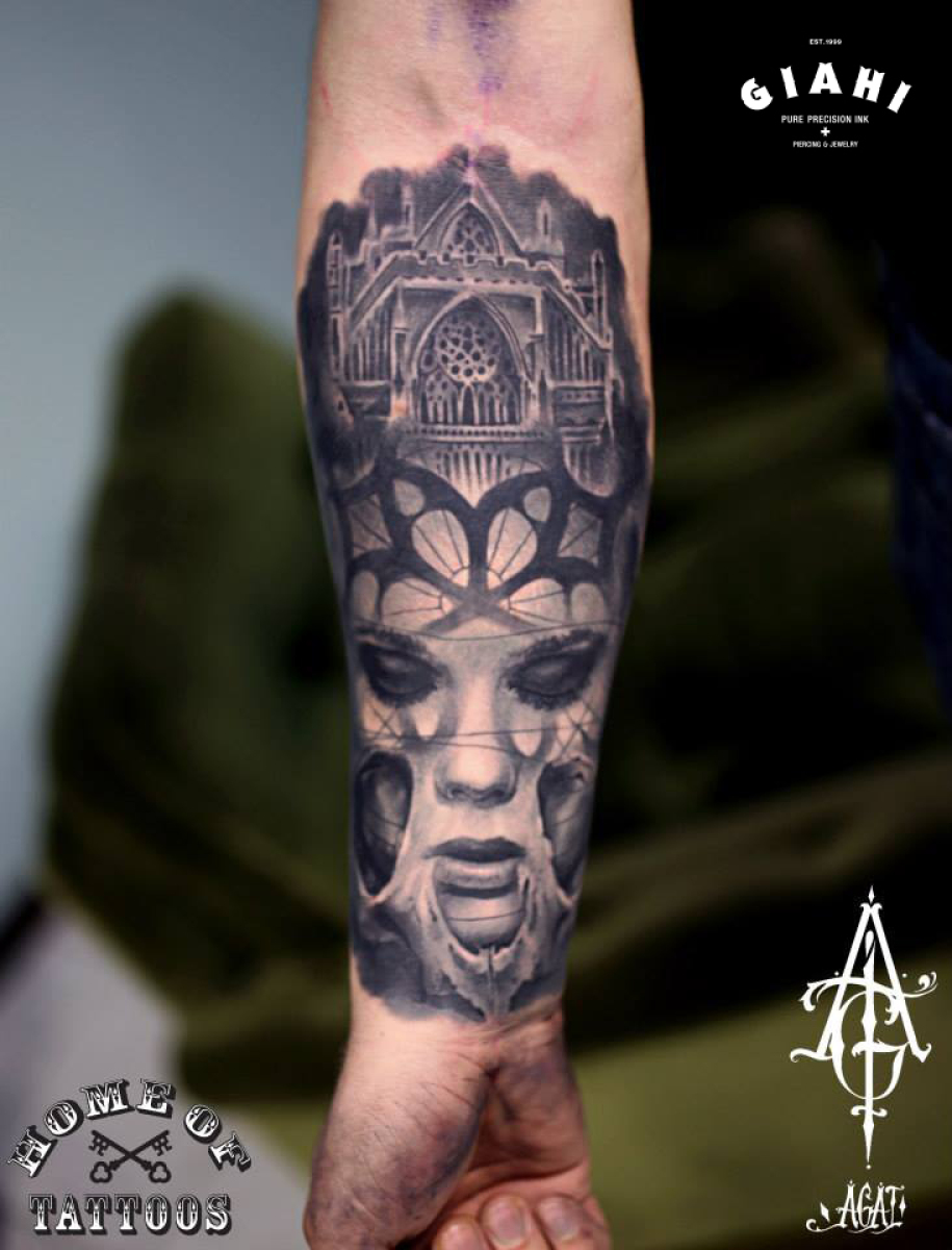 Sad Eyes Church Graphic tattoo by Agat Artemji