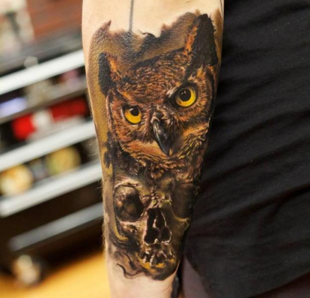 Scull Owl Realistic tattoo by Bloodlines Gallery