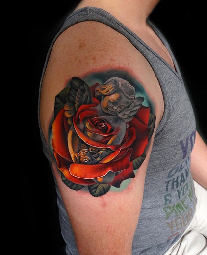 Shoulder Angel Rose tattoo by Andres Acosta