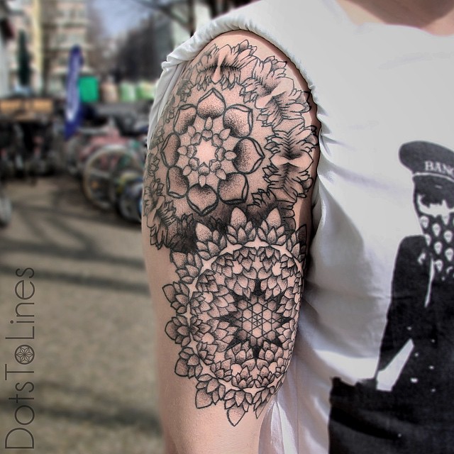 Shoulder and Arm Mandala Dotwork tattoo by Dots To Lines