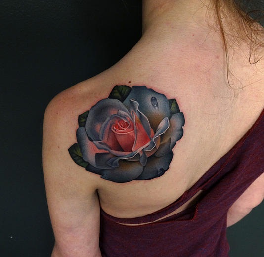 Single Dew Drop Pink Rose tattoo by Andres Acosta