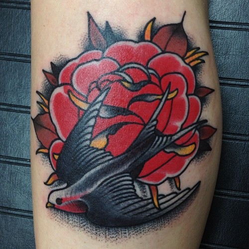 Swallow Rose Old School tattoo by Nick Baldwin