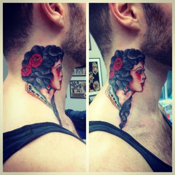 Traditional Girl Neck tattoo by Three Kings Tattoo