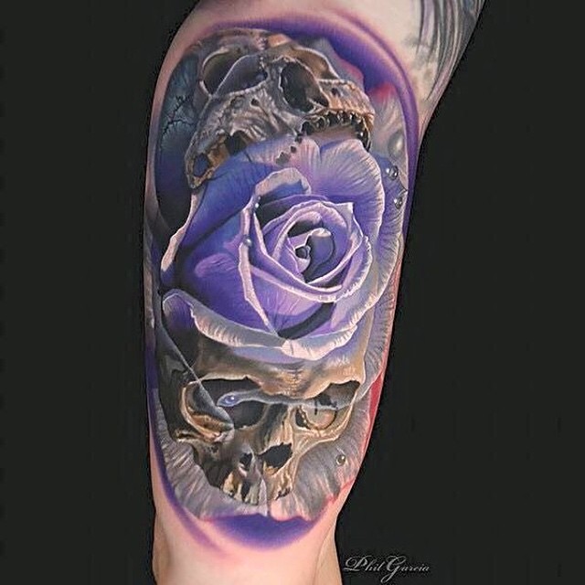 Violet Rose Skulls tattoo by Phil Garcia