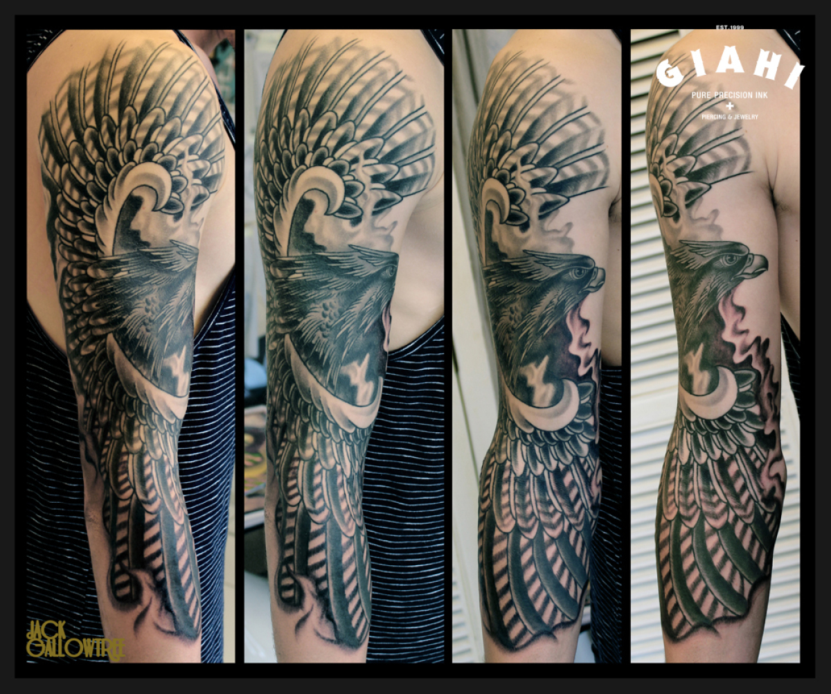 Wide wings Hawk Blackwork tattoo by Jack Gallowtree