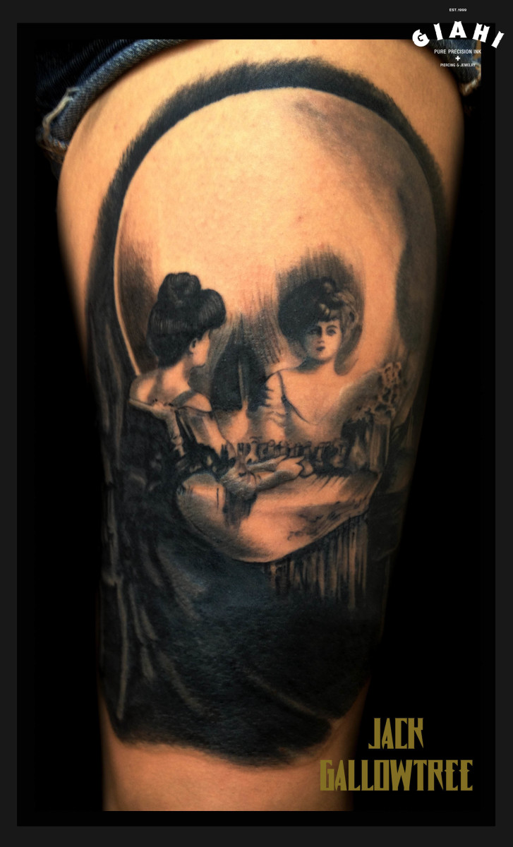 Woman Near Mirror Skull tattoo by Jack Gallowtree