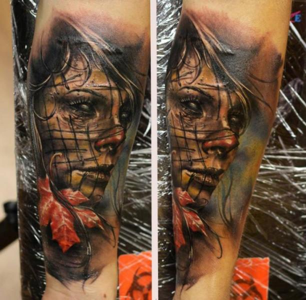 Yellow Leaf Creepy Clown Girl tattoo by Bloodlines Gallery