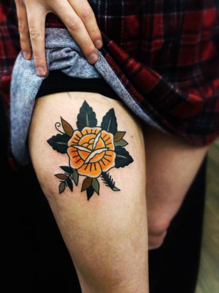 Yellow Rose with Leaves Old School tattoo by Matt Cooley