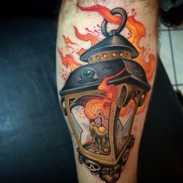 Candle Lantern New School Leg tattoo by Victor Chil