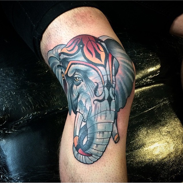 Knee Elephant tattoo by Kat Abdy