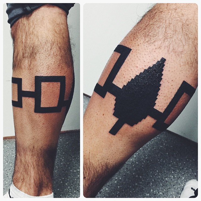 Pixel Leaf Blackwork Leg tattoo by Thomas Sinnamond