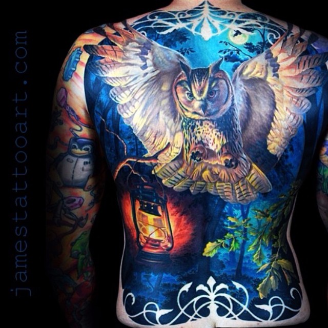 Realistic Owl Full Back tattoo