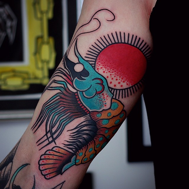 Red Sun Shrimp tattoo on Arm