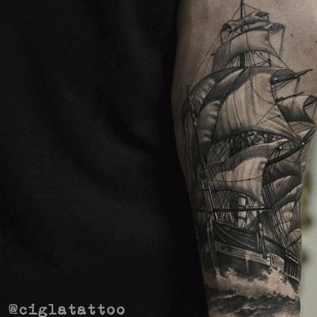 Ship Sailing in the Sea Realistic tattoo