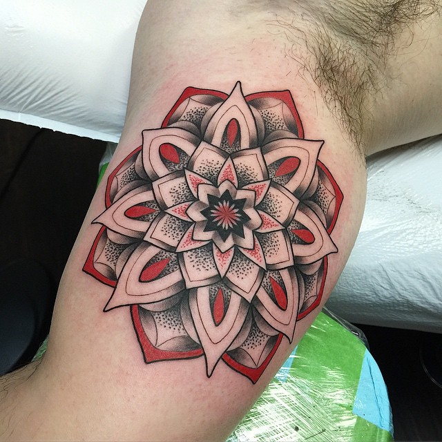 Black and Red Mandala Flower tattoo on Biceps