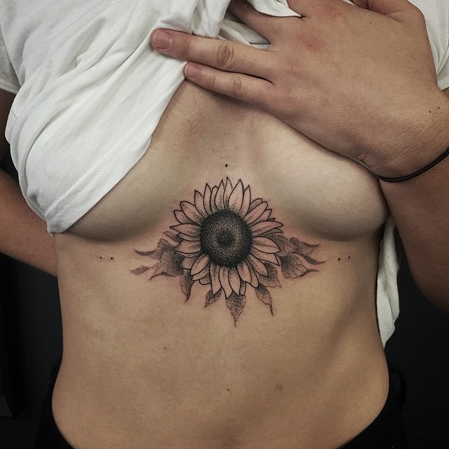 Dotwork Sunflower tattoo under Breast