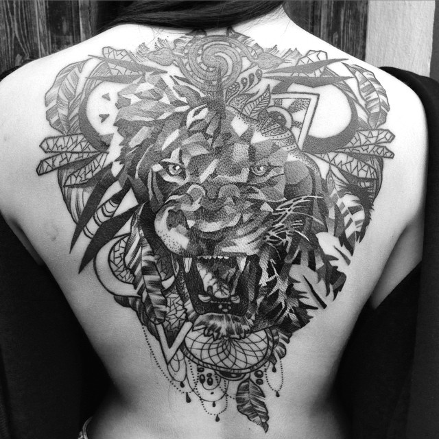 Dream Catcher Lion tattoo on Back