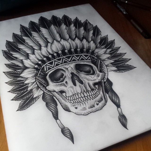 Etching Skull Indian tattoo