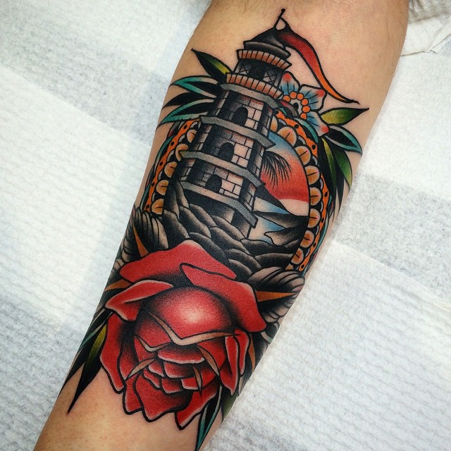 Flower and Lighthouse in Frame Nautical tattoo