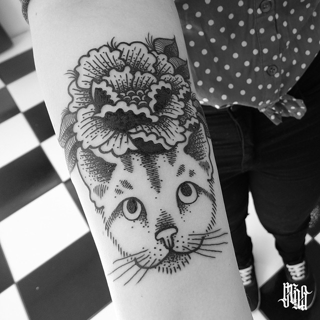 Flower on Head Cat tattoo
