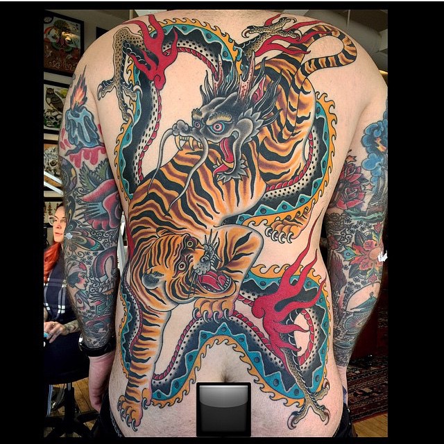 Full Back Insane Tiger and Dragon tattoo