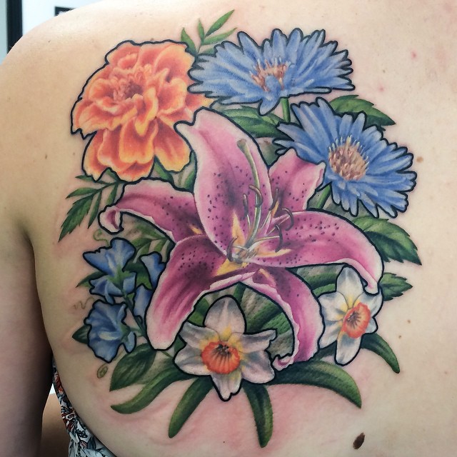 Lily Narcissus and Other Flowers Bouquet tattoo