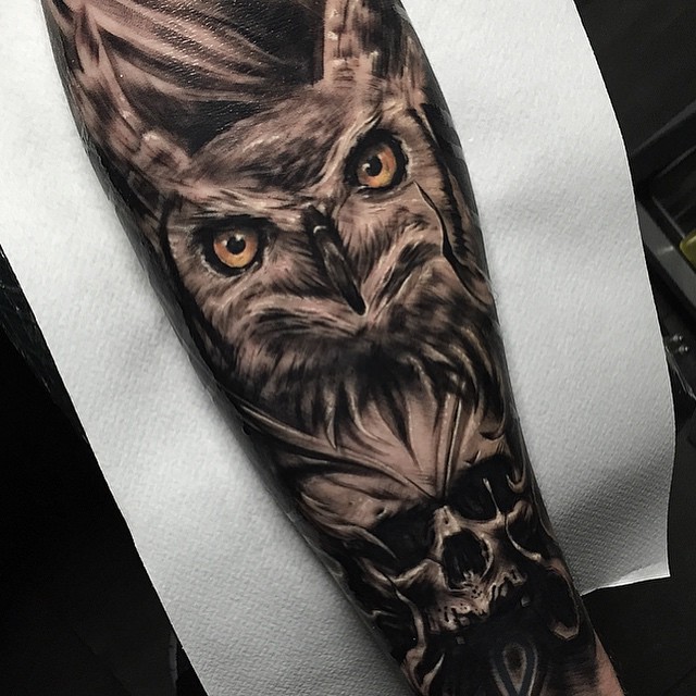 Owl Skull Dark Arm tattoo