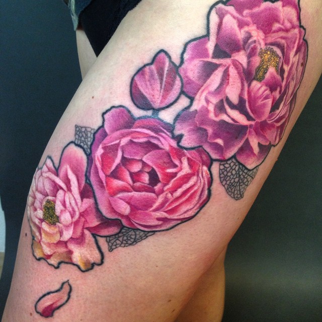 Peony Flowers Thigh tattoo