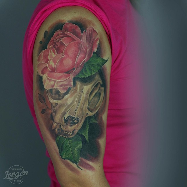 Pink Flower and Skull Shoulder tattoo