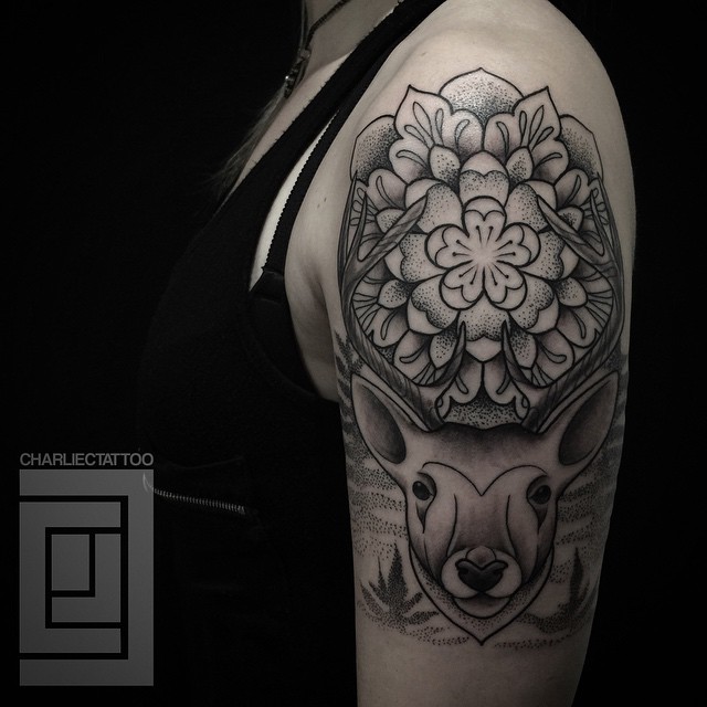 Shoulder Flower Deer tattoo