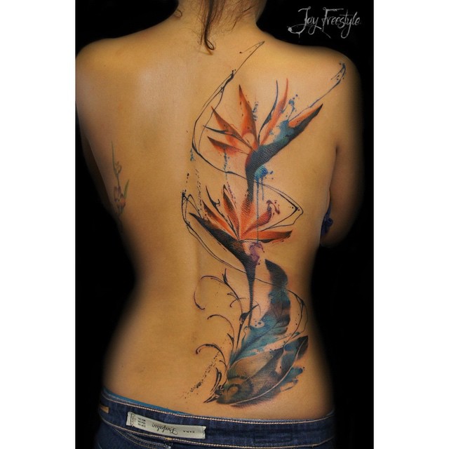 Water Flowers Watercolor Back tattoo