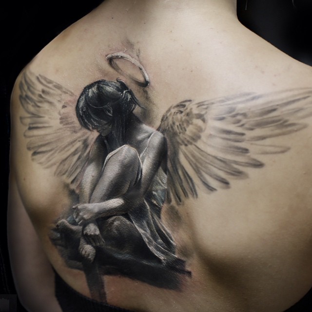 Amazing Realistic Angel Tattoo on Back
