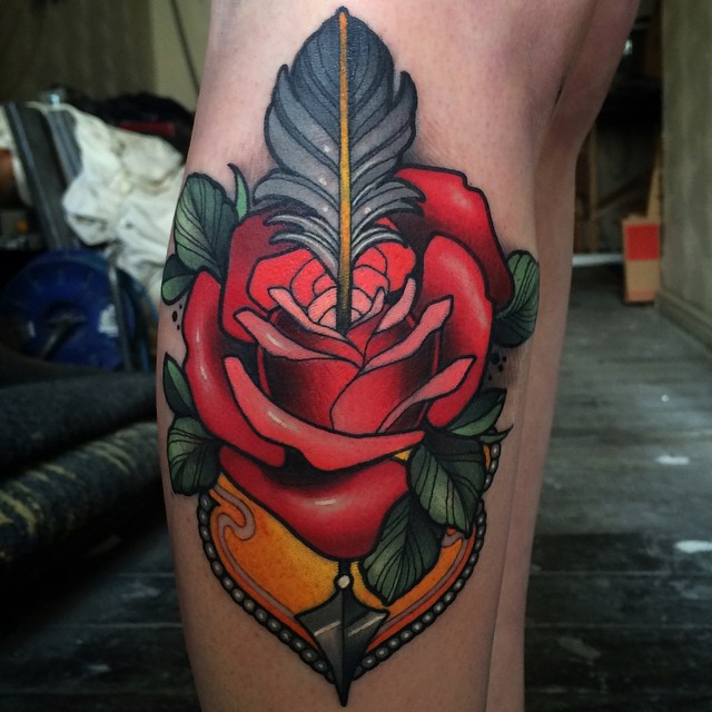 Arrow Shot Rose Leg Tattoo
