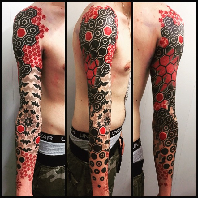 Black And Red Geometry Full Sleeve Tattoo