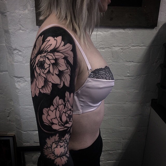 Black Background White Flowers Tattoo Sleeve