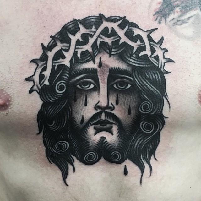 Blackwork Jesus Chest Tattoo